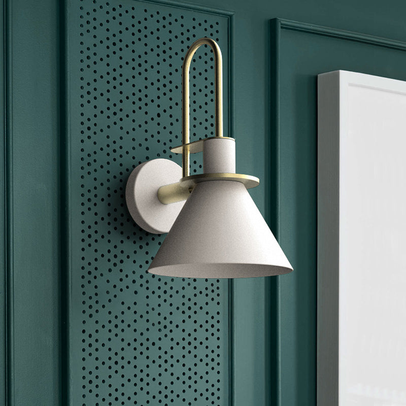 Black/White/Green Cone Wall Lamp Macaron 1-Light Metal Wall Mounted Light with Arched Arm for Bedroom, Warm/White Light | Kalsten