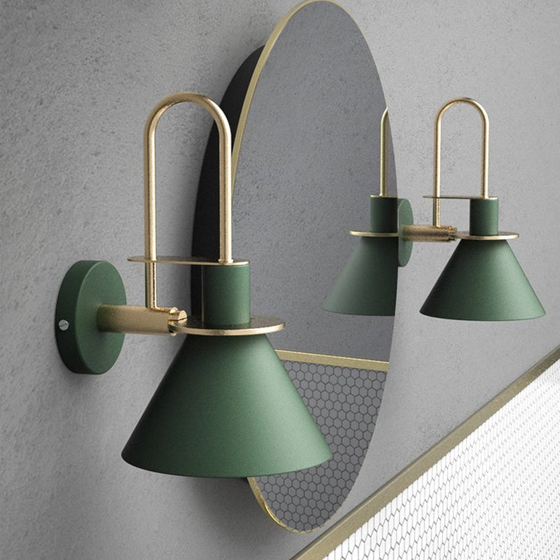 Black/White/Green Cone Wall Lamp Macaron 1-Light Metal Wall Mounted Light with Arched Arm for Bedroom, Warm/White Light | Kalsten
