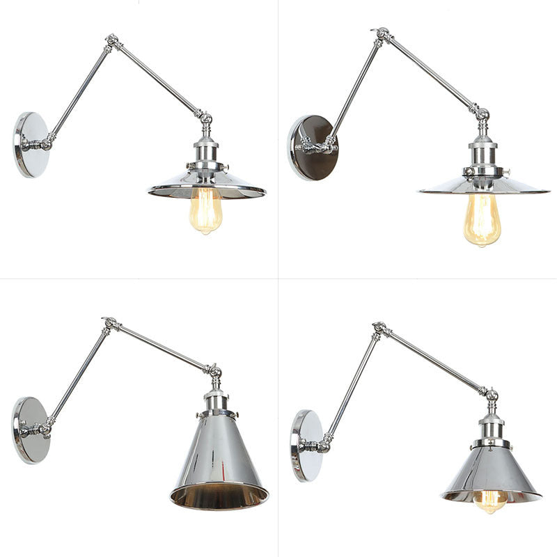 Kalsten | Saucer/Cone/Horn Nightstand Reading Wall Lamp Factory Metal Single 6"/8" W Chrome Wall-Mounted Light Fixture with Rotatable Arm