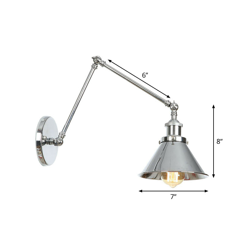 Kalsten | Saucer/Cone/Horn Nightstand Reading Wall Lamp Factory Metal Single 6"/8" W Chrome Wall-Mounted Light Fixture with Rotatable Arm