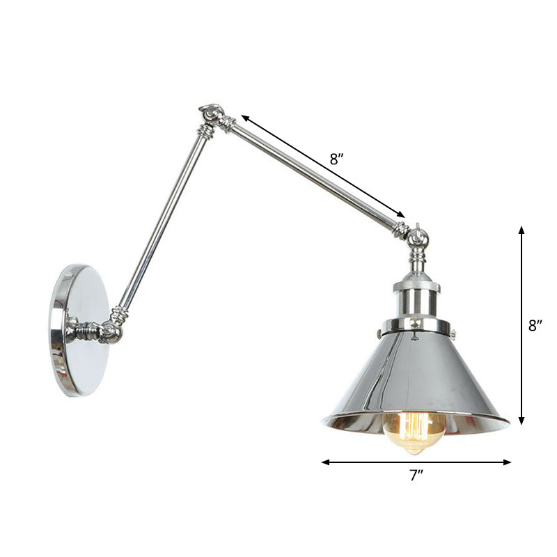 Kalsten | Saucer/Cone/Horn Nightstand Reading Wall Lamp Factory Metal Single 6"/8" W Chrome Wall-Mounted Light Fixture with Rotatable Arm