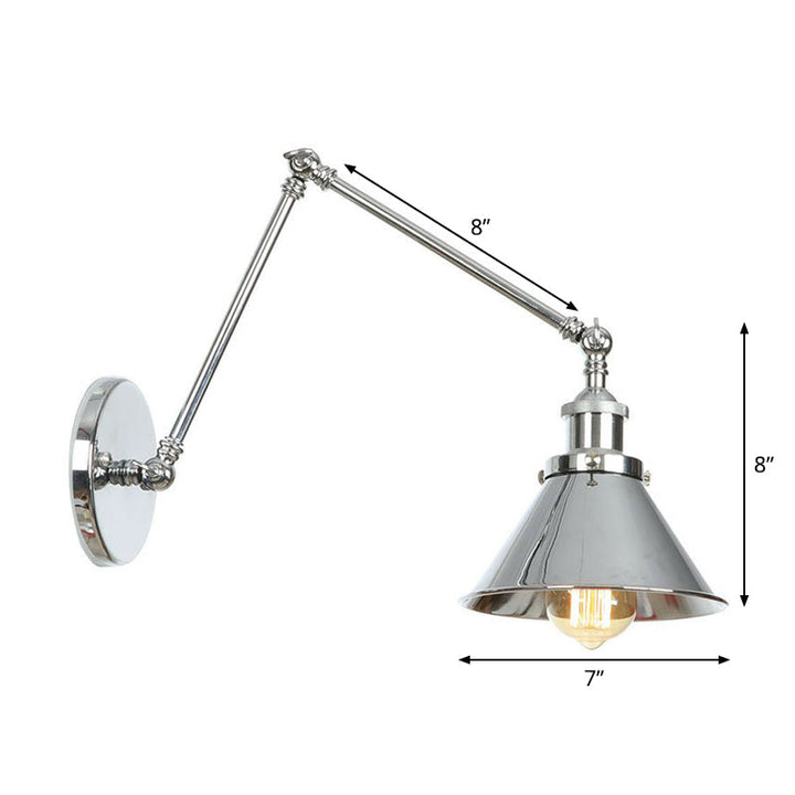 Kalsten | Saucer/Cone/Horn Nightstand Reading Wall Lamp Factory Metal Single 6"/8" W Chrome Wall-Mounted Light Fixture with Rotatable Arm