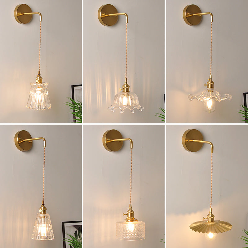 Bowl/Cylinder Bedside Wall Lighting Antique Clear Prismatic/Wavy Glass 1 Bulb Brass Wall Hanging Lamp with Rotary Switch | Kalsten