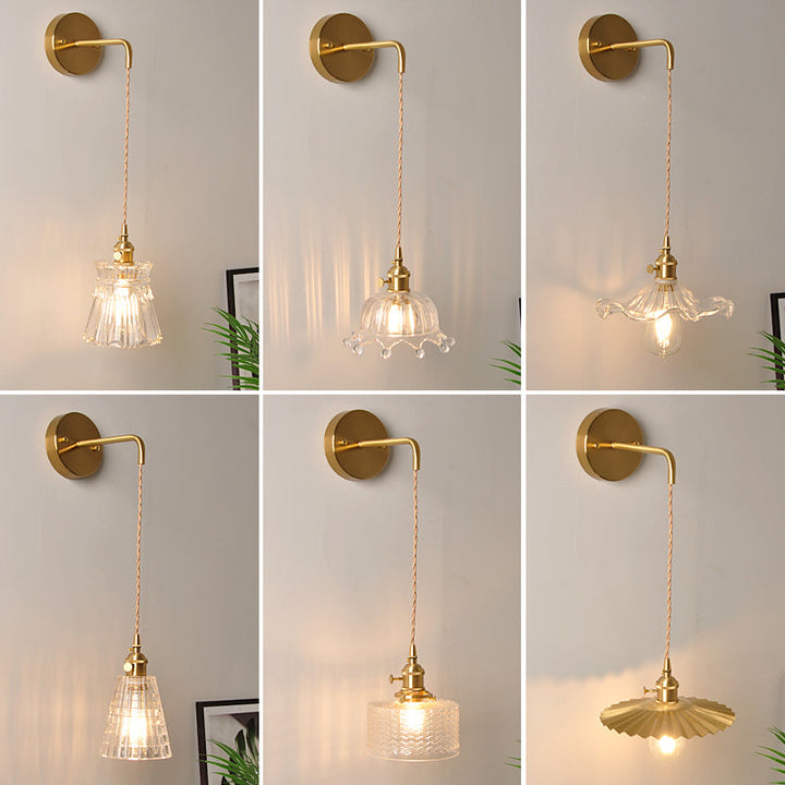 Bowl/Cylinder Bedside Wall Lighting Antique Clear Prismatic/Wavy Glass 1 Bulb Brass Wall Hanging Lamp with Rotary Switch | Kalsten