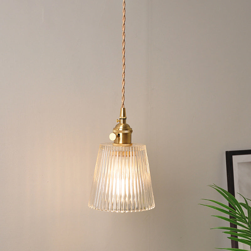 Bowl/Cylinder Bedside Wall Lighting Antique Clear Prismatic/Wavy Glass 1 Bulb Brass Wall Hanging Lamp with Rotary Switch | Kalsten