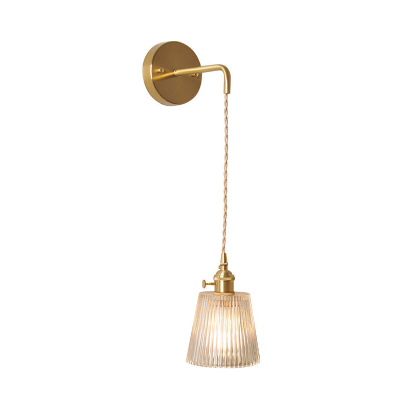 Bowl/Cylinder Bedside Wall Lighting Antique Clear Prismatic/Wavy Glass 1 Bulb Brass Wall Hanging Lamp with Rotary Switch | Kalsten
