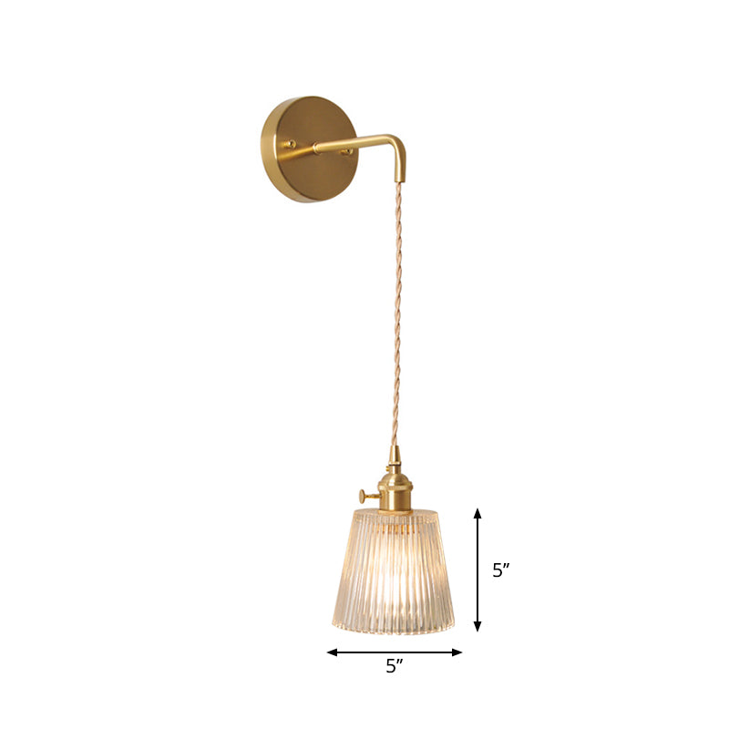 Bowl/Cylinder Bedside Wall Lighting Antique Clear Prismatic/Wavy Glass 1 Bulb Brass Wall Hanging Lamp with Rotary Switch | Kalsten