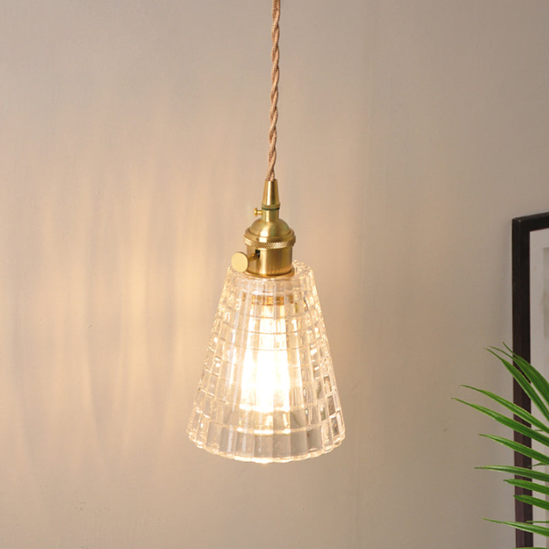 Bowl/Cylinder Bedside Wall Lighting Antique Clear Prismatic/Wavy Glass 1 Bulb Brass Wall Hanging Lamp with Rotary Switch | Kalsten