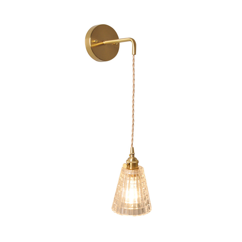 Bowl/Cylinder Bedside Wall Lighting Antique Clear Prismatic/Wavy Glass 1 Bulb Brass Wall Hanging Lamp with Rotary Switch | Kalsten