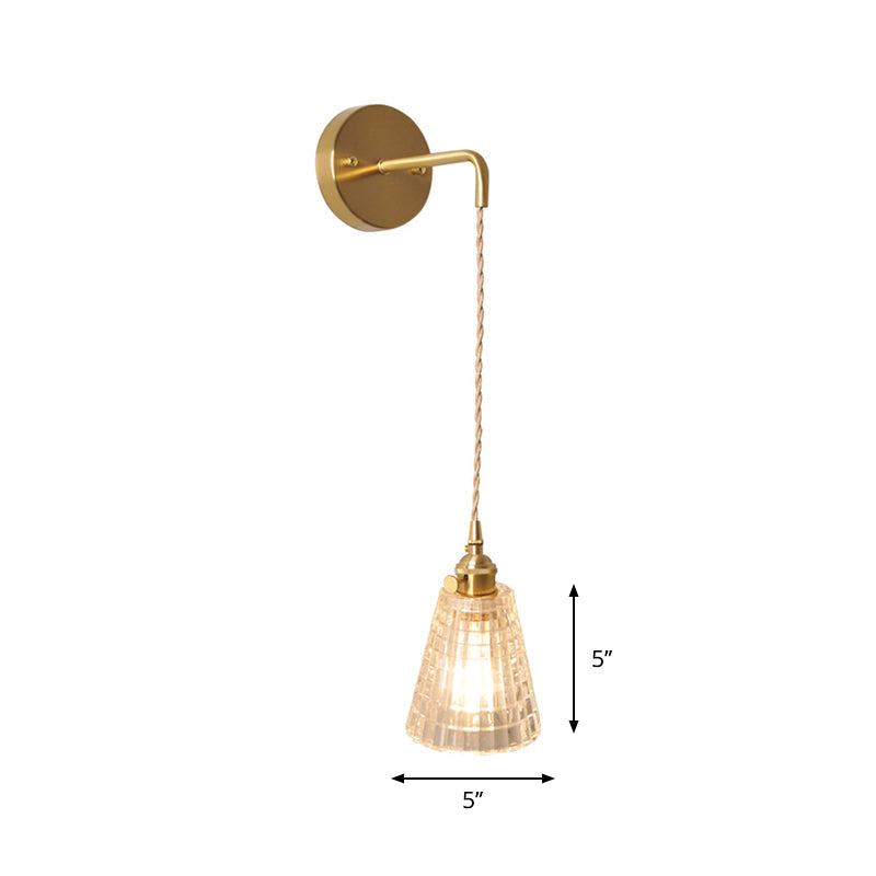 Bowl/Cylinder Bedside Wall Lighting Antique Clear Prismatic/Wavy Glass 1 Bulb Brass Wall Hanging Lamp with Rotary Switch | Kalsten