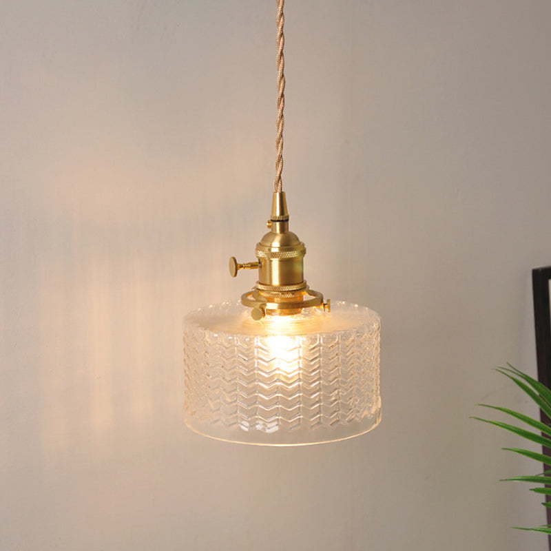 Bowl/Cylinder Bedside Wall Lighting Antique Clear Prismatic/Wavy Glass 1 Bulb Brass Wall Hanging Lamp with Rotary Switch | Kalsten