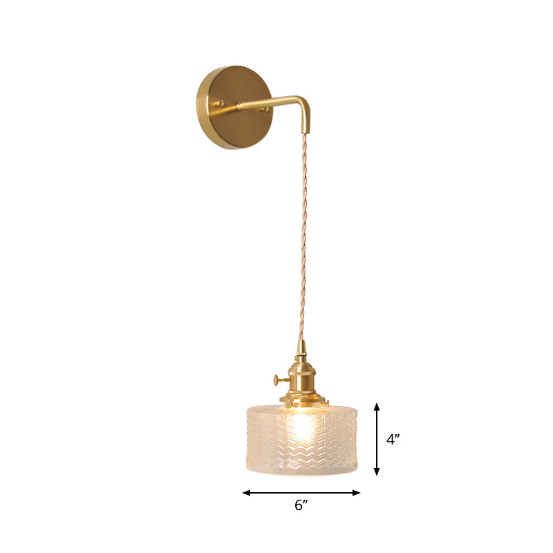 Bowl/Cylinder Bedside Wall Lighting Antique Clear Prismatic/Wavy Glass 1 Bulb Brass Wall Hanging Lamp with Rotary Switch | Kalsten