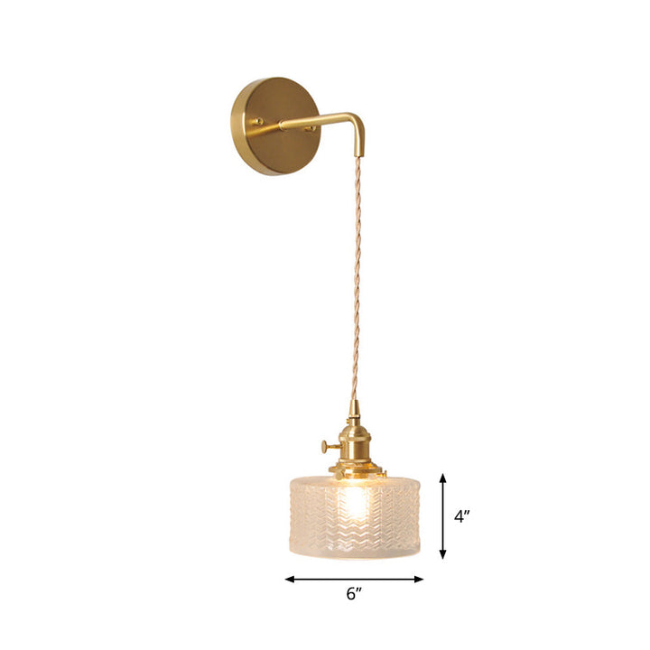 Bowl/Cylinder Bedside Wall Lighting Antique Clear Prismatic/Wavy Glass 1 Bulb Brass Wall Hanging Lamp with Rotary Switch | Kalsten