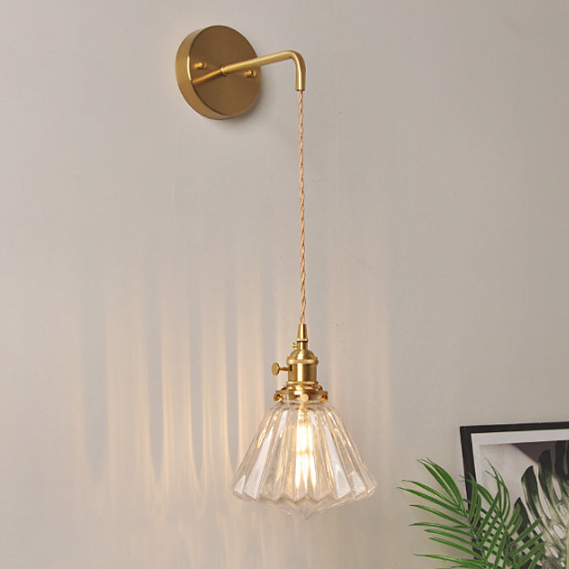 Bowl/Cylinder Bedside Wall Lighting Antique Clear Prismatic/Wavy Glass 1 Bulb Brass Wall Hanging Lamp with Rotary Switch | Kalsten