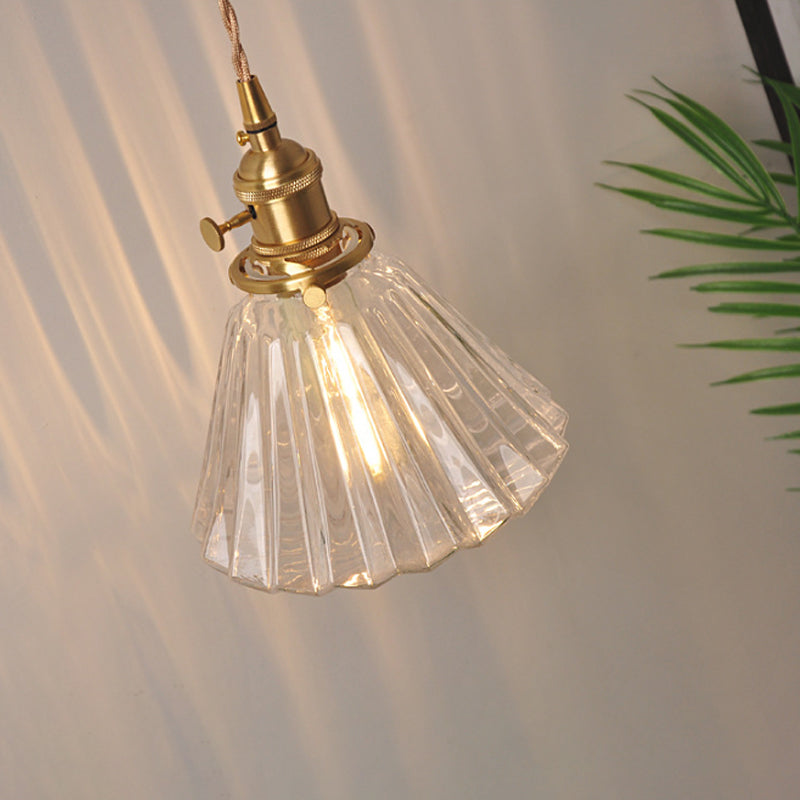 Bowl/Cylinder Bedside Wall Lighting Antique Clear Prismatic/Wavy Glass 1 Bulb Brass Wall Hanging Lamp with Rotary Switch | Kalsten