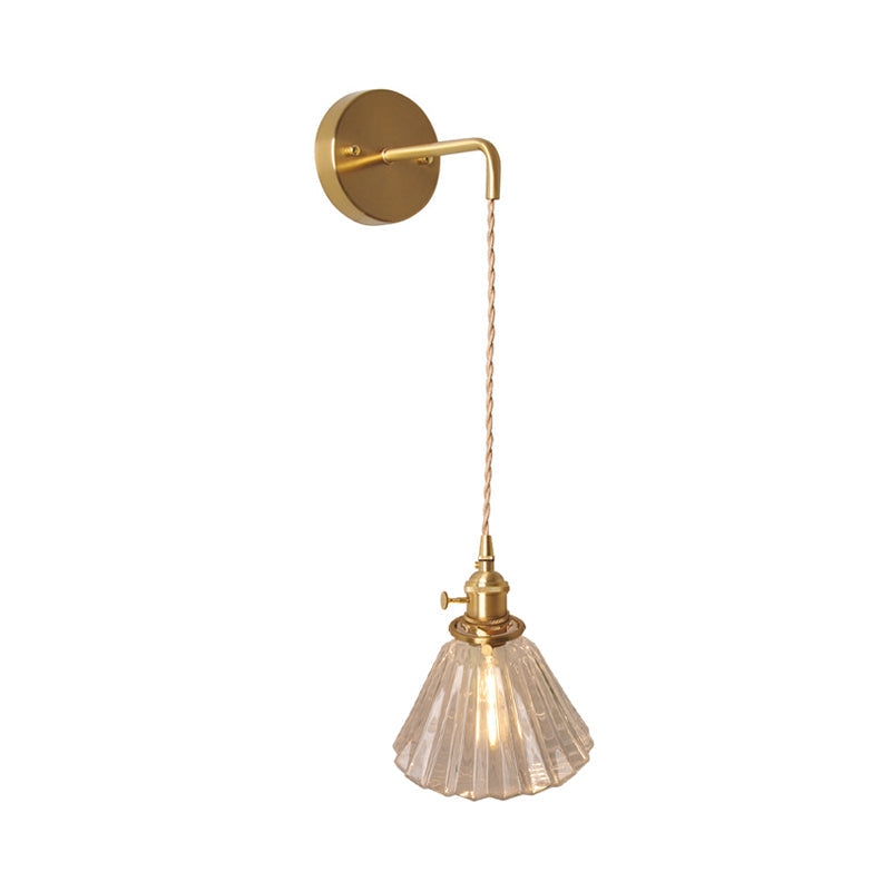 Bowl/Cylinder Bedside Wall Lighting Antique Clear Prismatic/Wavy Glass 1 Bulb Brass Wall Hanging Lamp with Rotary Switch | Kalsten