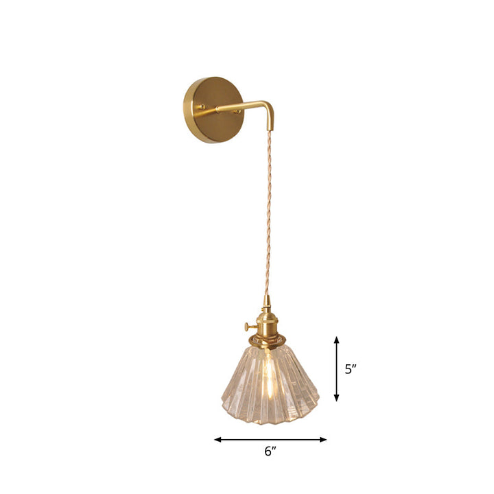Bowl/Cylinder Bedside Wall Lighting Antique Clear Prismatic/Wavy Glass 1 Bulb Brass Wall Hanging Lamp with Rotary Switch | Kalsten