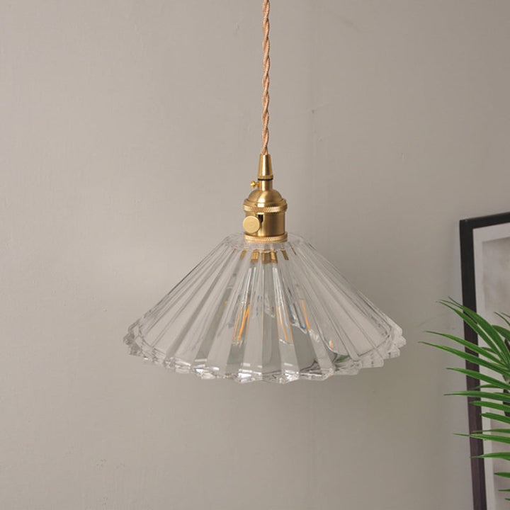 Bowl/Cylinder Bedside Wall Lighting Antique Clear Prismatic/Wavy Glass 1 Bulb Brass Wall Hanging Lamp with Rotary Switch | Kalsten
