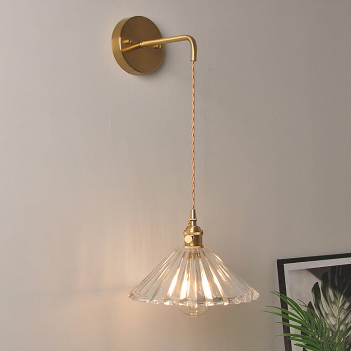 Bowl/Cylinder Bedside Wall Lighting Antique Clear Prismatic/Wavy Glass 1 Bulb Brass Wall Hanging Lamp with Rotary Switch | Kalsten