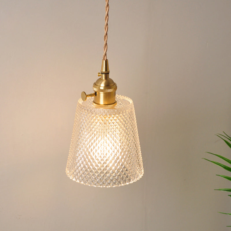 Bowl/Cylinder Bedside Wall Lighting Antique Clear Prismatic/Wavy Glass 1 Bulb Brass Wall Hanging Lamp with Rotary Switch | Kalsten
