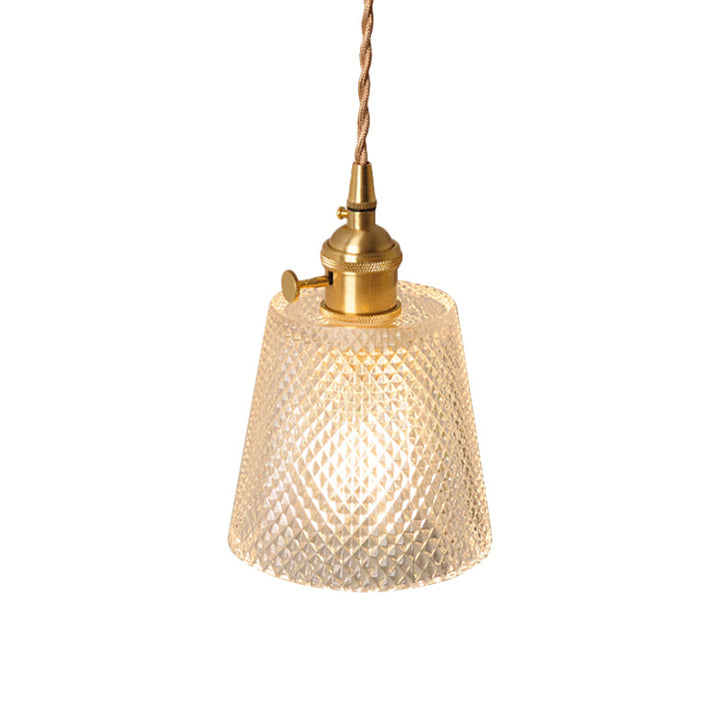 Bowl/Cylinder Bedside Wall Lighting Antique Clear Prismatic/Wavy Glass 1 Bulb Brass Wall Hanging Lamp with Rotary Switch | Kalsten