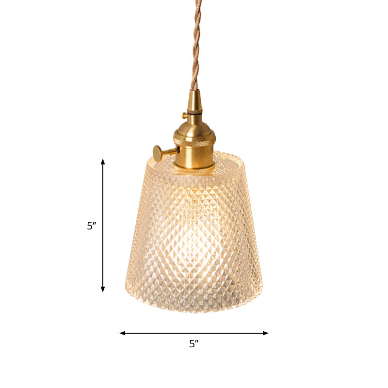 Bowl/Cylinder Bedside Wall Lighting Antique Clear Prismatic/Wavy Glass 1 Bulb Brass Wall Hanging Lamp with Rotary Switch | Kalsten