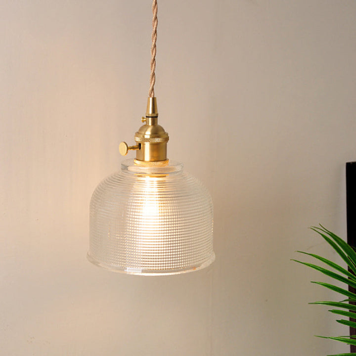 Bowl/Cylinder Bedside Wall Lighting Antique Clear Prismatic/Wavy Glass 1 Bulb Brass Wall Hanging Lamp with Rotary Switch | Kalsten