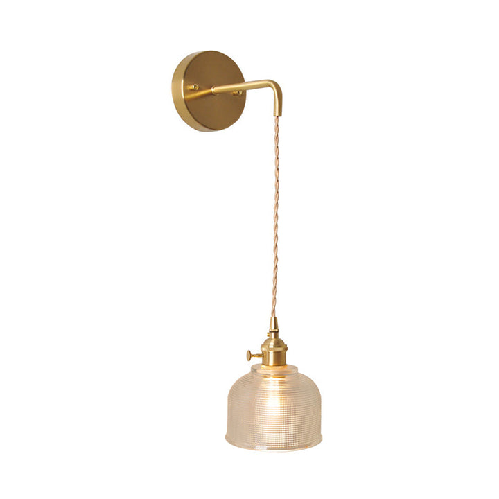 Bowl/Cylinder Bedside Wall Lighting Antique Clear Prismatic/Wavy Glass 1 Bulb Brass Wall Hanging Lamp with Rotary Switch | Kalsten