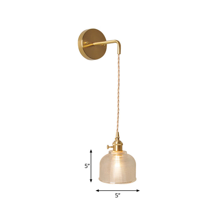 Bowl/Cylinder Bedside Wall Lighting Antique Clear Prismatic/Wavy Glass 1 Bulb Brass Wall Hanging Lamp with Rotary Switch | Kalsten
