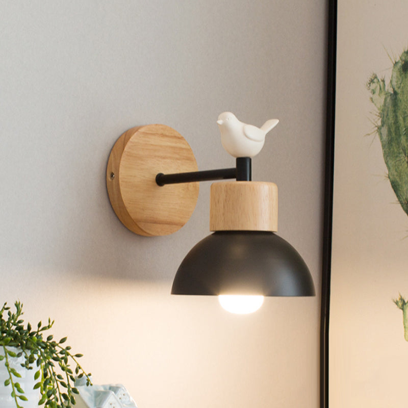 Nordic Style Sconce Light Dome 1 Bulb Metal & Wood Wall Light with Bird for Kid Bedroom | Kalsten
