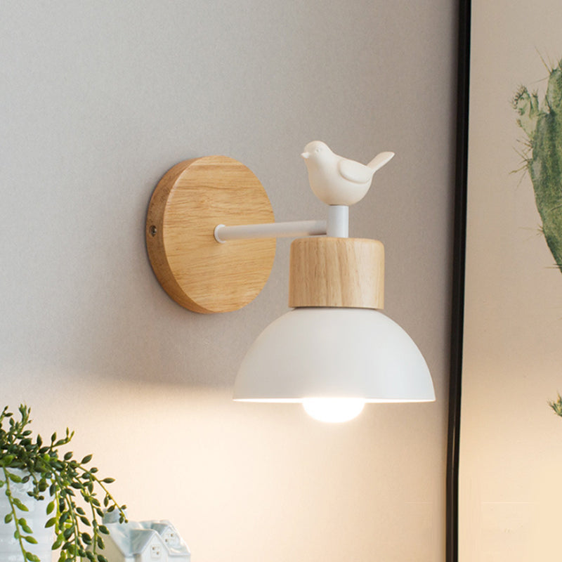 Nordic Style Sconce Light Dome 1 Bulb Metal & Wood Wall Light with Bird for Kid Bedroom | Kalsten