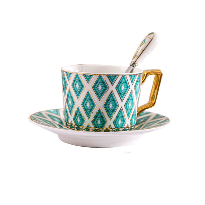 Elegant porcelain coffee cup set with saucers, spoons and delicate ornamental decoration