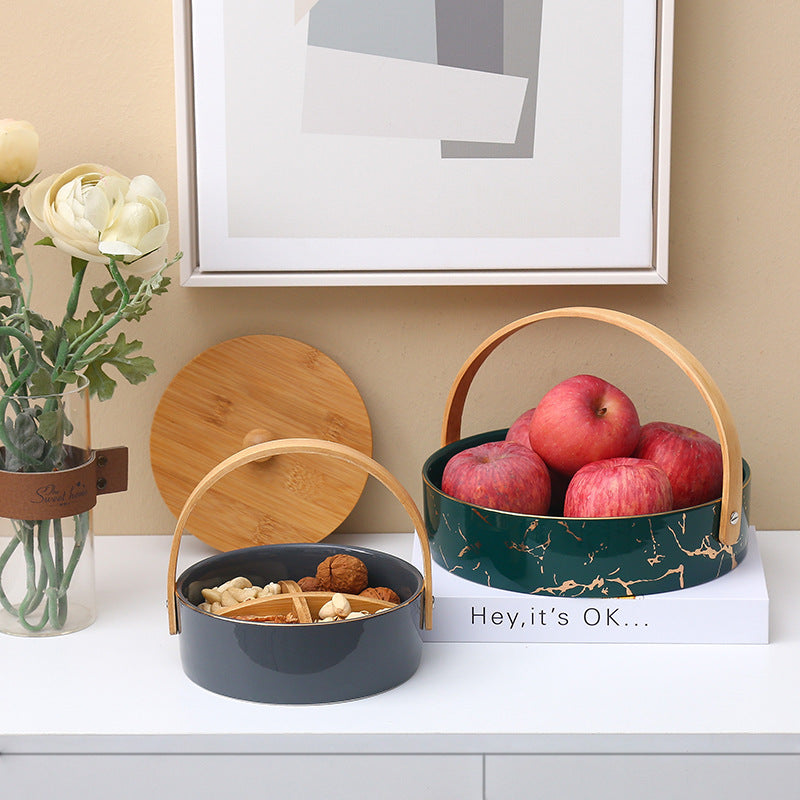 Round serving and storage set with bamboo handle and three-part interior divider
