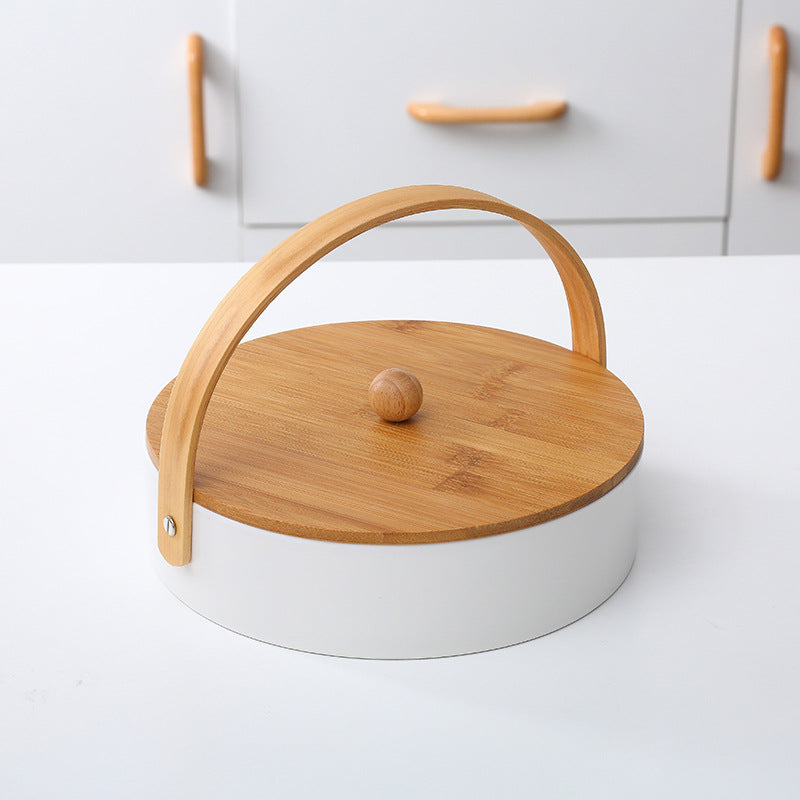 Round serving and storage set with bamboo handle and three-part interior divider