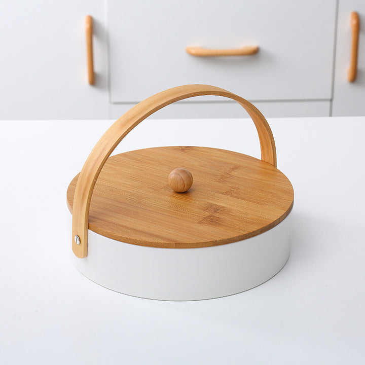 Round serving and storage set with bamboo handle and three-part interior divider