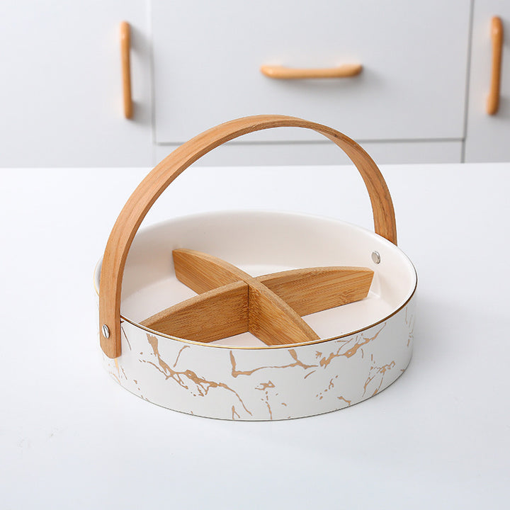 Kitchen organizer with bamboo handle and four-part insert, marbled snack bowl