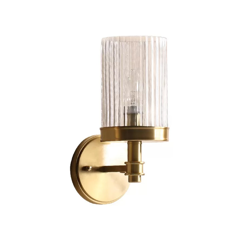 1-Light Wall Mounted Lamp Traditional Cylinder Transparent Glass Sconce Light in Brown/Gold over Bed | Kalsten