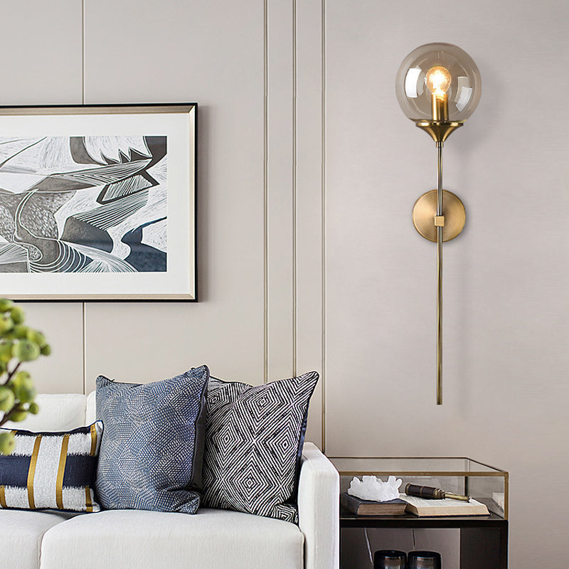 Ball Shade Pencil-Arm Wall Lighting Postmodern Clear/Amber/Smoke Grey Glass Single Brass Wall Mounted Lamp | Kalsten