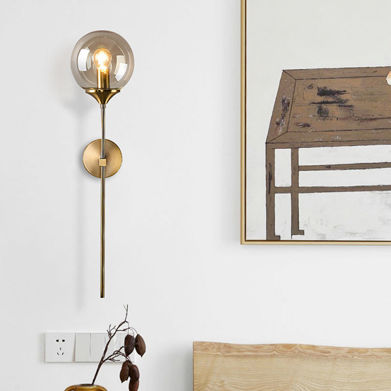 Ball Shade Pencil-Arm Wall Lighting Postmodern Clear/Amber/Smoke Grey Glass Single Brass Wall Mounted Lamp | Kalsten