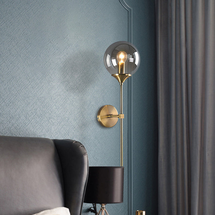Ball Shade Pencil-Arm Wall Lighting Postmodern Clear/Amber/Smoke Grey Glass Single Brass Wall Mounted Lamp | Kalsten