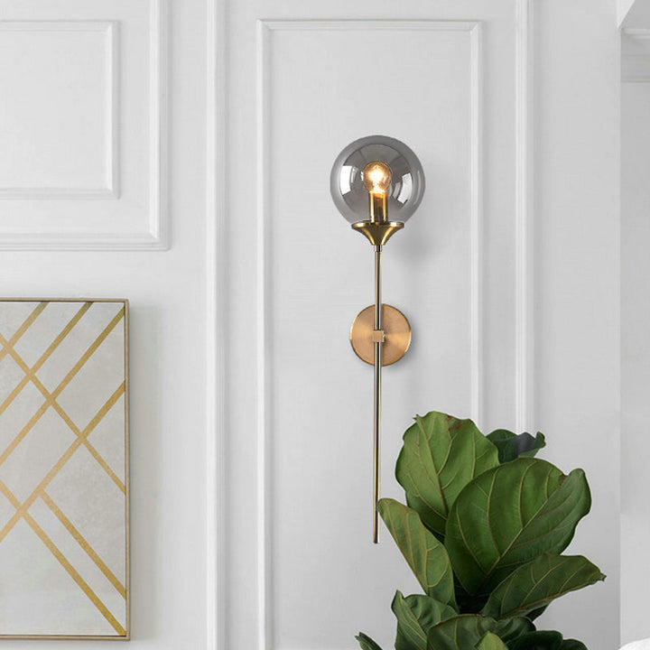 Ball Shade Pencil-Arm Wall Lighting Postmodern Clear/Amber/Smoke Grey Glass Single Brass Wall Mounted Lamp | Kalsten