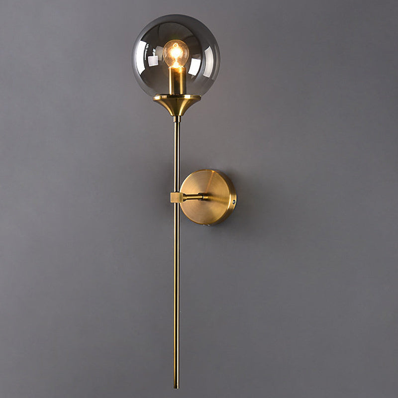 Ball Shade Pencil-Arm Wall Lighting Postmodern Clear/Amber/Smoke Grey Glass Single Brass Wall Mounted Lamp | Kalsten