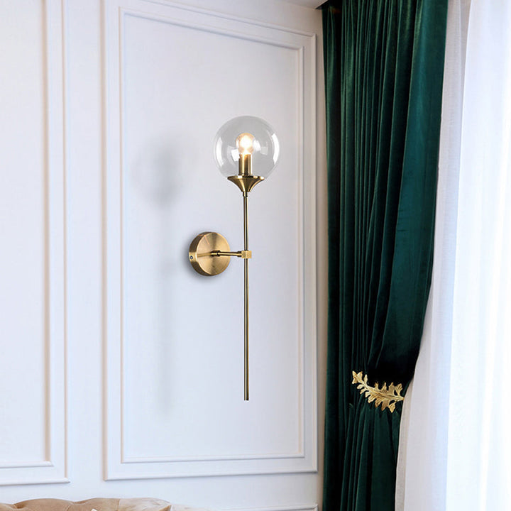 Ball Shade Pencil-Arm Wall Lighting Postmodern Clear/Amber/Smoke Grey Glass Single Brass Wall Mounted Lamp | Kalsten