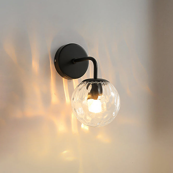 Ball Shaped Wall Lamp Minimalist Clear Rippling Glass 1-Light Bedroom Wall Mounted Lighting with Bent Arm in Black/Gold | Kalsten