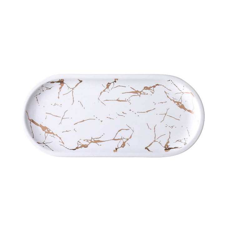Oval serving tray made of melamine with glossy marble look and raised edge