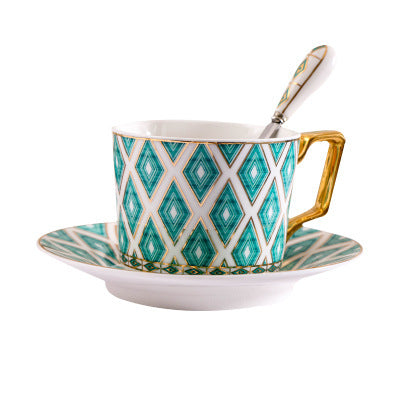 Elegant porcelain coffee cup set with saucers, spoons and delicate ornamental decoration