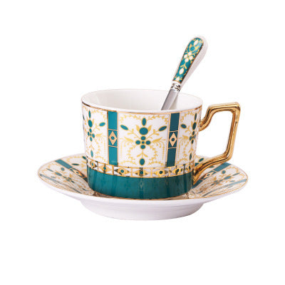 Elegant porcelain coffee cup set with saucers, spoons and delicate ornamental decoration