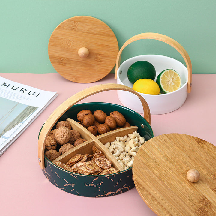 Kitchen organizer with bamboo handle and four-part insert, marbled snack bowl