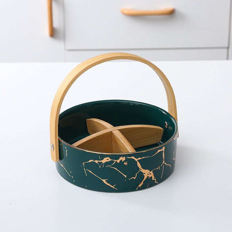 Kitchen organizer with bamboo handle and four-part insert, marbled snack bowl