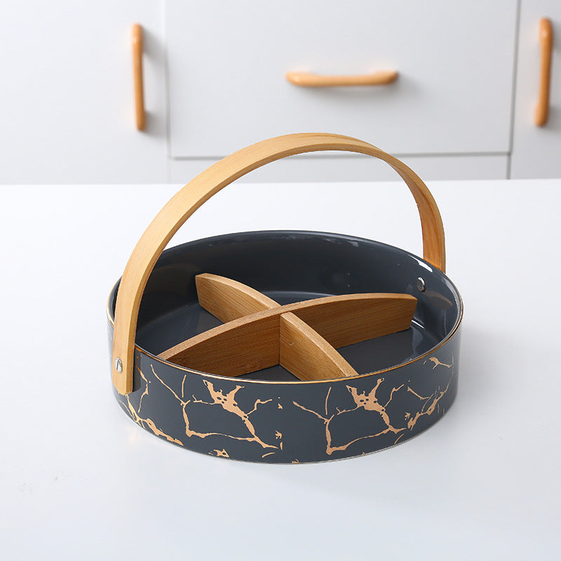 Kitchen organizer with bamboo handle and four-part insert, marbled snack bowl